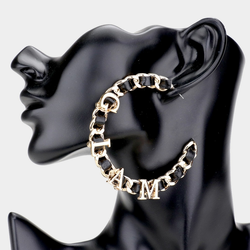 Gold & Black GLAM Leather Chain Link Hoop Earrings